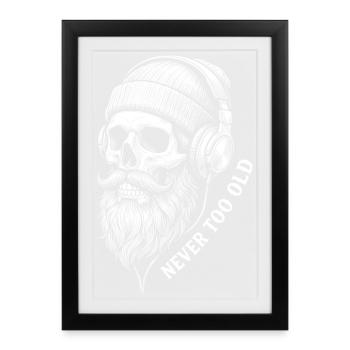 Jamais trop vieux – Crâne musical avec casque à barbe - Affiche encadrée (27 × 37 cm) - noir - Devant