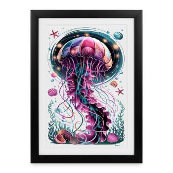 Illustration du monde sous-marin de la méduse lumineuse - Affiche encadrée (27 × 37 cm) - noir - Devant