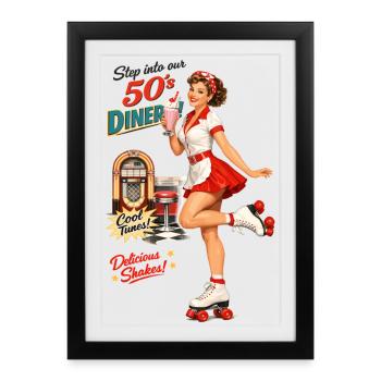 50s Diner Pin-Up on Roller Skates - Framed poster (27 × 37 cm) - black - Front