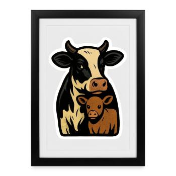Vache et veau – Motif de ferme moderne - Affiche encadrée (27 × 37 cm) - noir - Devant