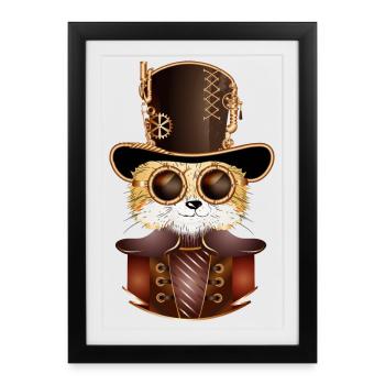 Renard steampunk avec chapeau cylindre antique et lunettes - Affiche encadrée (27 × 37 cm) - noir - Devant