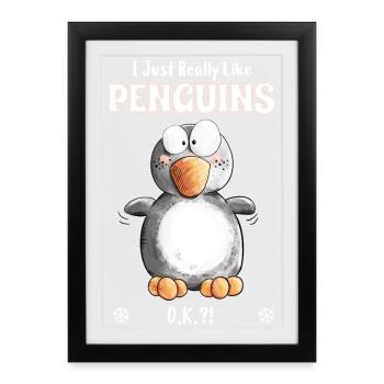 J’aime vraiment les pingouins Penguin Spruch - Affiche encadrée (27 × 37 cm) - noir - Devant