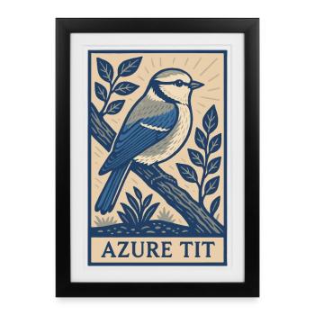 Affiche rétro mésange azur oiseau pour les ornithologues et la nature L - Affiche encadrée (27 × 37 cm) - noir - Devant