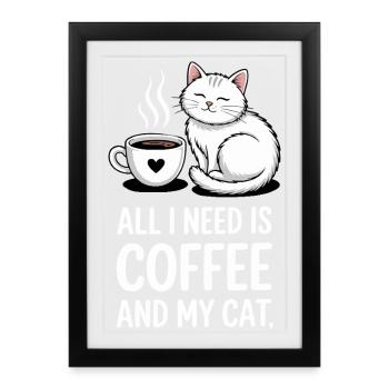 Café et chat dicton amateur de caféine - Affiche encadrée (27 × 37 cm) - noir - Devant