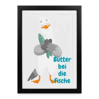 « Beurre au poisson » - Drôle de mouette avec du poisson - Affiche encadrée (27 × 37 cm) - noir - Devant