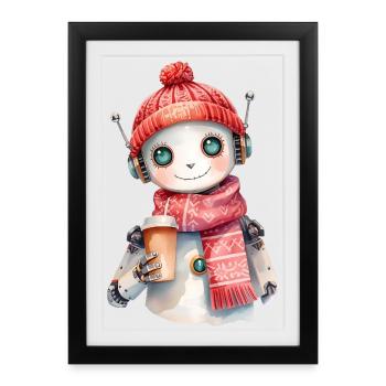 Cozy Watercolor Robot with Coffee & Scarf Winter - Framed poster (27 × 37 cm) - black - Front