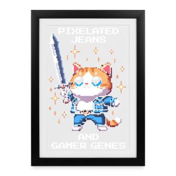 Pixel Jeans & Gamer Genes | Cats, Wordplay - Framed poster (27 × 37 cm) - black - Front