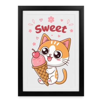Chaton Glacé Sucré Kawaii - Affiche encadrée (27 × 37 cm) - noir - Devant