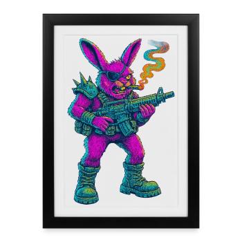Punk Bunny néon avec cigare et fusil - Affiche encadrée (27 × 37 cm) - noir - Devant