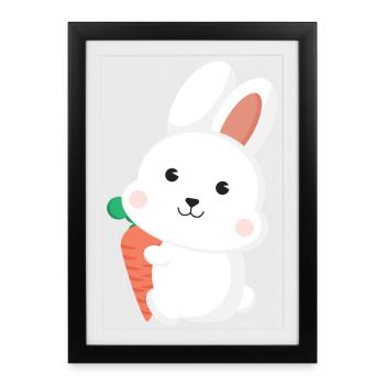 Cute White Bunny Rabbit Holding Carrot Cartoon Art - Framed poster (27 × 37 cm) - black - Front