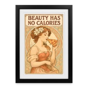 Pin-up Art nouveau : La beauté n’a pas de calories Pizza - Affiche encadrée (27 × 37 cm) - noir - Devant