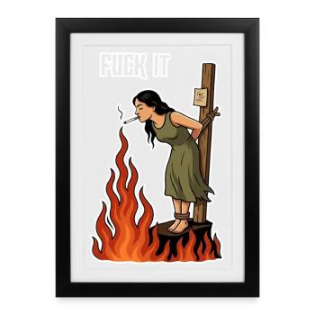 Fuck It – Hexe mit Zigarette Cartoon - Gerahmtes Poster (27 × 37 cm) - Schwarz - Vorne