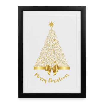 Merry Christmas Gold Music Notes Tree with Bow - Framed poster (27 × 37 cm) - black - Front