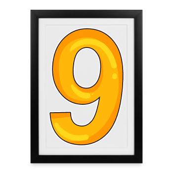 Numéro 9 - Neuf - 9 motif en jaune - Affiche encadrée (27 × 37 cm) - noir - Devant