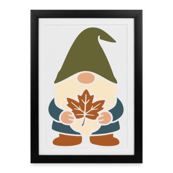 Gartenzwerg-Wichtel mit Blatt Motiv für den Herbst - Gerahmtes Poster (27 × 37 cm) - Schwarz - Vorne