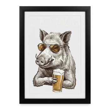 Funny Servus Wild Boar with Beer - Framed poster (27 × 37 cm) - black - Front