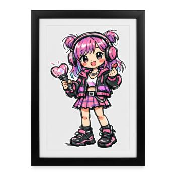 Fille d’anime Kawaii avec un casque - Affiche encadrée (27 × 37 cm) - noir - Devant