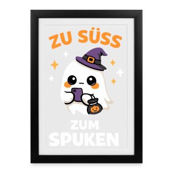 Zu süß zum Spuken – Kawaii-Geist mit Hexenhut - Gerahmtes Poster (27 × 37 cm) - Schwarz - Vorne