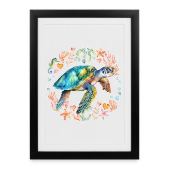 Tortue entourée de créatures marines - Affiche encadrée (27 × 37 cm) - noir - Devant