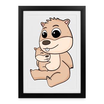 Famille de cochons d’Inde - cochon d’Inde avec bébé - Affiche encadrée (27 × 37 cm) - noir - Devant
