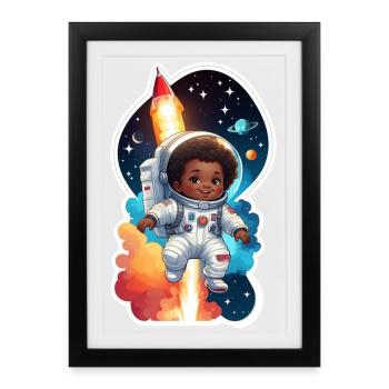 Kleiner Astronaut mit Raketenantrieb - Gerahmtes Poster (27 × 37 cm) - Schwarz - Vorne