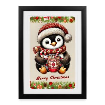 Pingouin de Noël au chocolat chaud - Affiche encadrée (27 × 37 cm) - noir - Devant