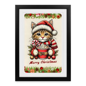 Chat de Noël au chocolat chaud - Affiche encadrée (27 × 37 cm) - noir - Devant