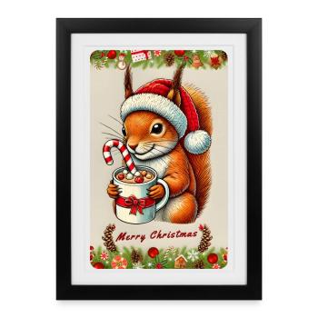 Écureuil de Noël au chocolat chaud - Affiche encadrée (27 × 37 cm) - noir - Devant