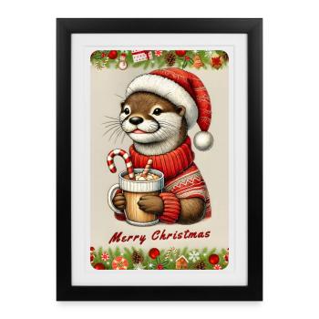 Loutre de Noël au chocolat chaud - Affiche encadrée (27 × 37 cm) - noir - Devant
