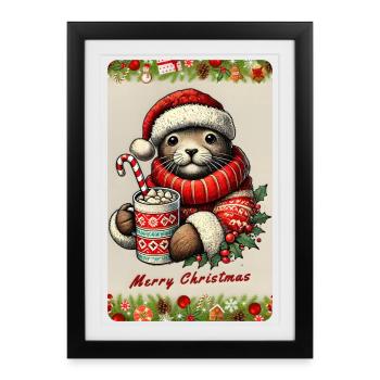 Loutre de Noël au chocolat chaud - Affiche encadrée (27 × 37 cm) - noir - Devant