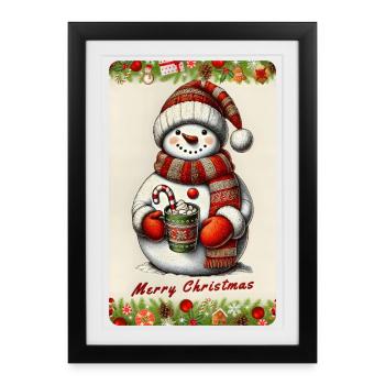 Bonhomme de neige joyeux avec du chocolat chaud - Affiche encadrée (27 × 37 cm) - noir - Devant