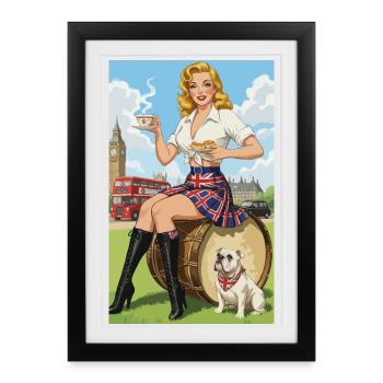 Pin-up britannique avec Bulldog et Londres - Affiche encadrée (27 × 37 cm) - noir - Devant