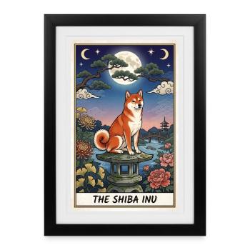 Shiba Inu moonlit night in the garden - Framed poster (27 × 37 cm) - black - Front