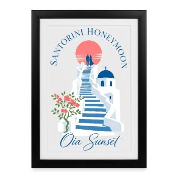 Cadeau de romance, lune de miel à Santorin Oia Sunset Steps - Affiche encadrée (27 × 37 cm) - noir - Devant