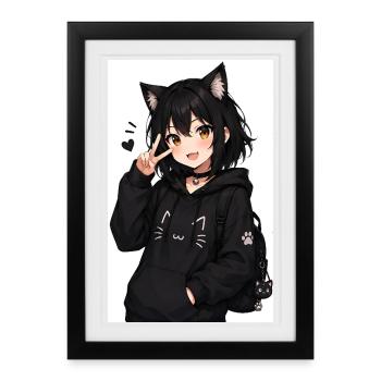 Illustration du personnage du sweat à capuche Oreilles de chat - Affiche encadrée (27 × 37 cm) - noir - Devant