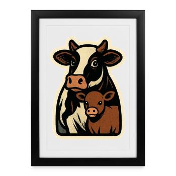 Vache et veau – L’amour rétro à la campagne - Affiche encadrée (27 × 37 cm) - noir - Devant