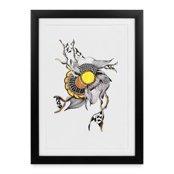 Fleur dessinée à la main Centre jaune - Affiche encadrée (27 × 37 cm) - noir - Devant