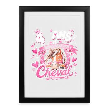 Cheval 4 Ans Anniversaire Fille Poney - Affiche encadrée (27 × 37 cm) - noir - Devant