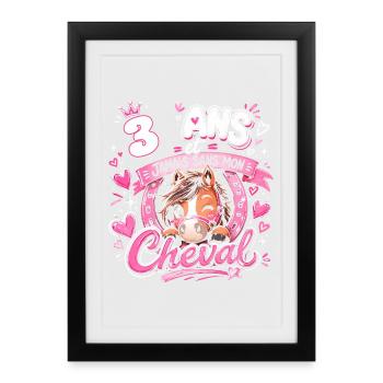 Cheval 3 Ans Anniversaire Fille Poney - Affiche encadrée (27 × 37 cm) - noir - Devant
