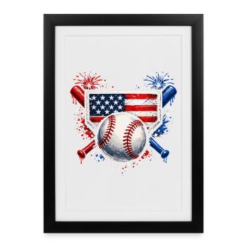 Baseball Américain USA Drapeau Vintage - Affiche encadrée (27 × 37 cm) - noir - Devant