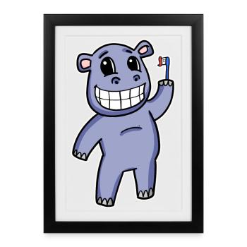 Hippo with toothbrush - Framed poster (27 × 37 cm) - black - Front