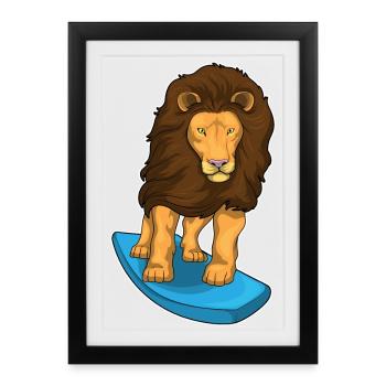Lion Surfing Planche de surf Été - Affiche encadrée (27 × 37 cm) - noir - Devant