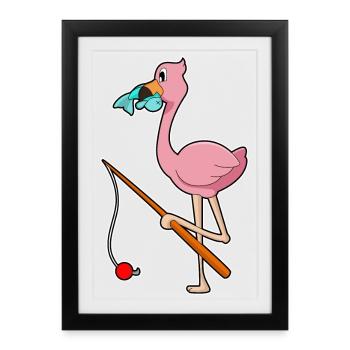 Flamingo Angler Fisch Angeln - Gerahmtes Poster (27 × 37 cm) - Schwarz - Vorne