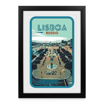 Illustration Place de Rossio, Lisbonne - Affiche encadrée (27 × 37 cm) - noir - Devant