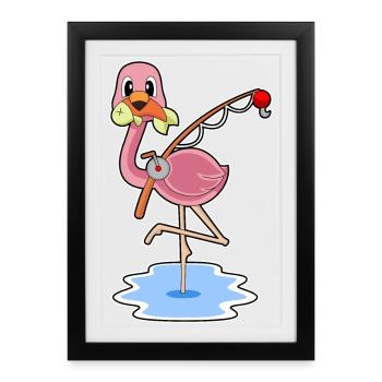 Flamingo Angler Fisch Angeln - Gerahmtes Poster (27 × 37 cm) - Schwarz - Vorne