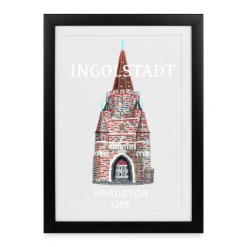 Ingolstadt, Kreuztor emblématique, Bavière - Affiche encadrée (27 × 37 cm) - noir - Devant