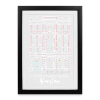 Houston, Old Cotton Exchange, dessin à la main, États-Unis - Affiche encadrée (27 × 37 cm) - noir - Devant