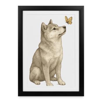 Shiba Inu avec l’Art vintage Papillon - Affiche encadrée (27 × 37 cm) - noir - Devant