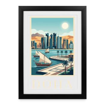 Affiche de voyage au Qatar sur le paysage urbain de Doha - Affiche encadrée (27 × 37 cm) - noir - Devant