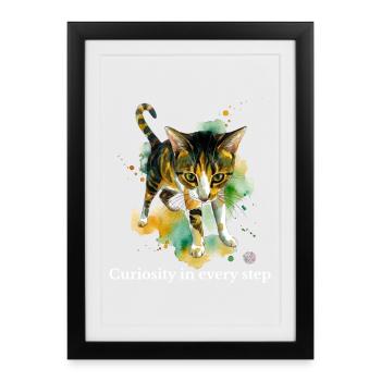 Étapes de l’aquarelle de chat curieux - Affiche encadrée (27 × 37 cm) - noir - Devant